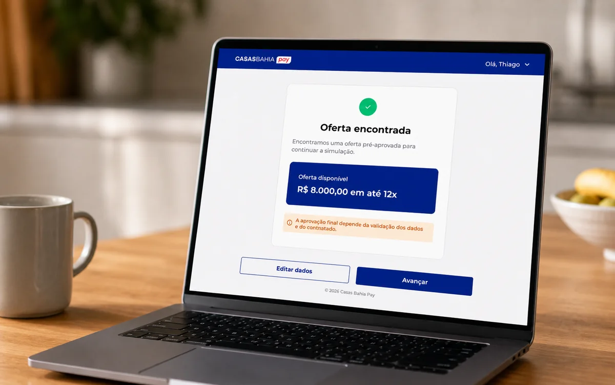 Notebook exibindo a tela de oferta de crédito do Casas Bahia Pay