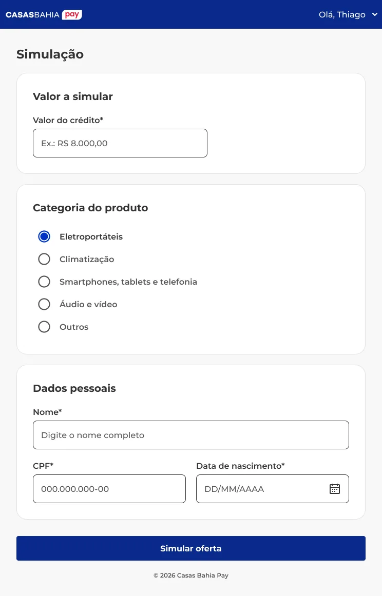Simular · Casas Bahia Pay