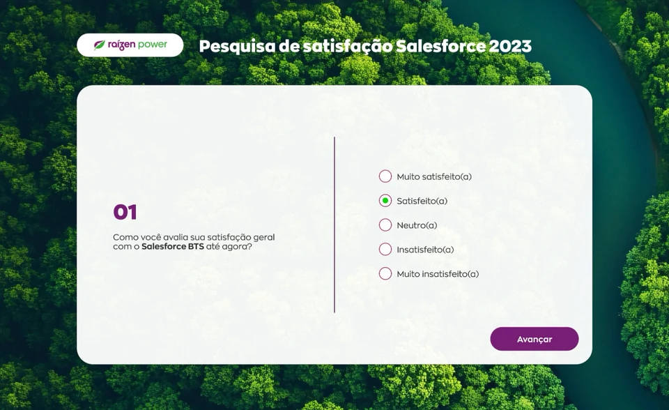 Primeira pergunta da pesquisa de satisfação do Salesforce aplicada na Raízen Power