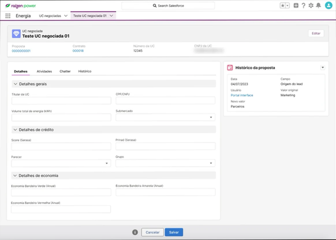 Tela do Salesforce com os blocos de detalhes gerais, crédito e economia
